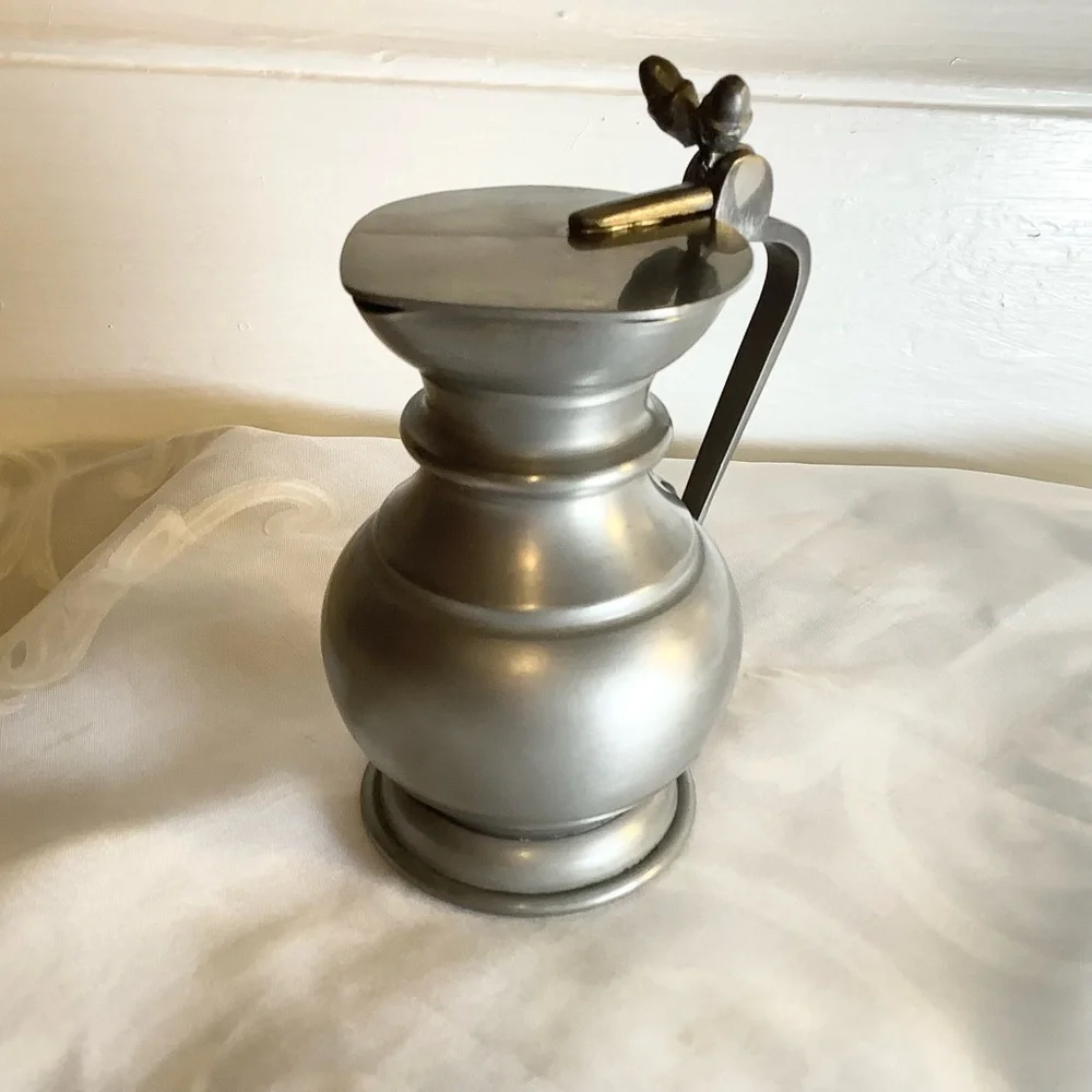 Vintage Italian Pewter 95% Syrup Pitcher With Handle and Lid Double Acorn 4.25